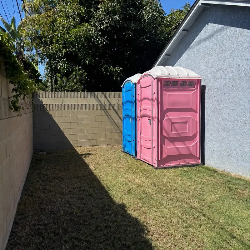 Pink and blue standard portable toilets placed in a fenced backyard for a party