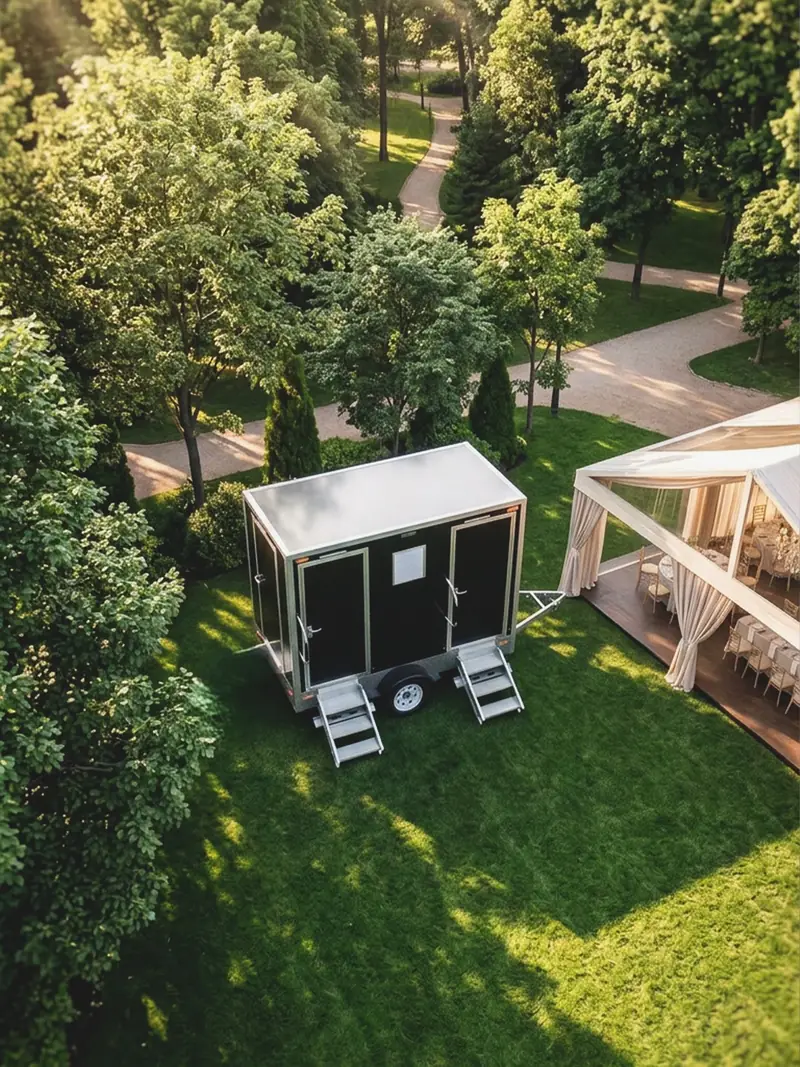 Aerial view of a restroom trailer set on a lawn beside a wedding area